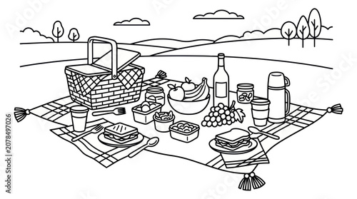 Obraz na plátně Picnic food and drink spread outdoors.