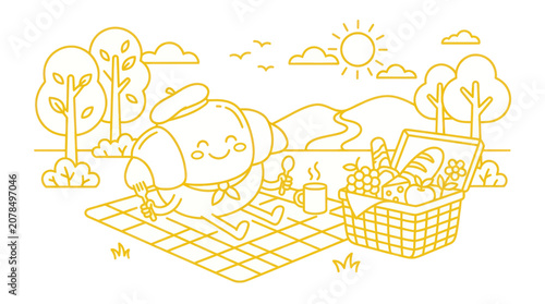 Smiling cartoon bear on picnic blanket.