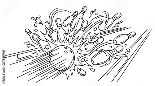 Εκτύπωση καμβά Dynamic bowling strike line art vector illustration, isolated on white