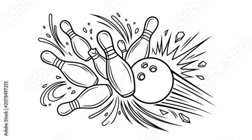 Fotografie Dynamic bowling strike line art vector illustration, isolated on white