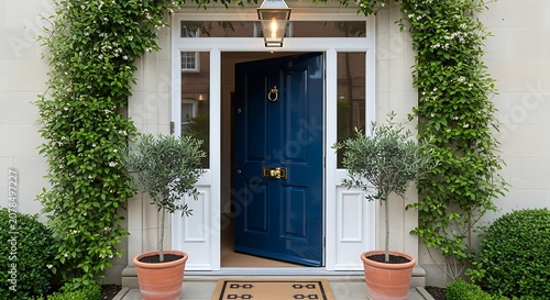 Charming Front Entrance with Blue Door and Green Foliage.