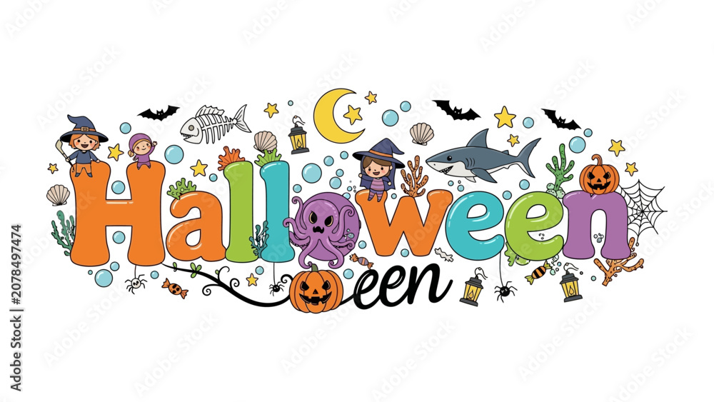 Naklejka premium Halloween Celebration Typography: A vibrant and whimsical typographic design spells out Halloween with colorful letters adorned with playful characters and spooky motifs like ghosts, witches, bats.