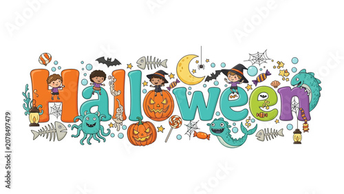 Halloween graphic, festive and playful illustration. Colorful text spelling Halloween is surrounded by charming cartoon elements like pumpkins, friendly monsters, witches, and spooky icons.
