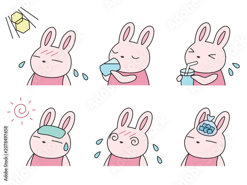 熱中症対策をするウサギのイラストセット