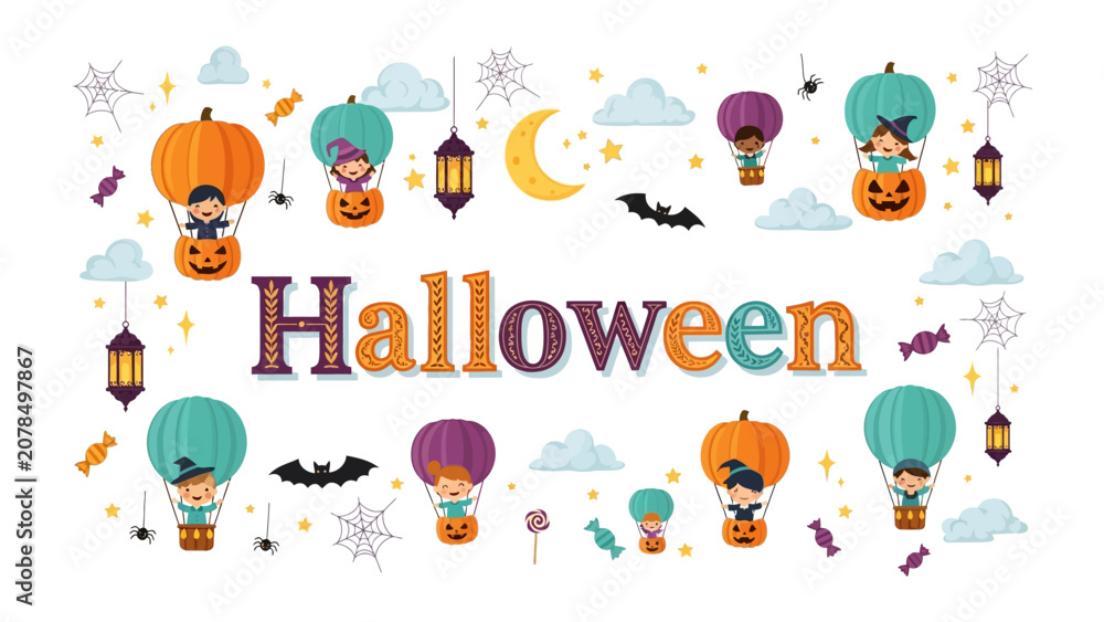 Fototapeta premium Happy Halloween Whimsical Celebration: A vibrant and playful design featuring children in costumes, pumpkins, hot air balloons, and spooky elements celebrating Halloween with joy and excitement.