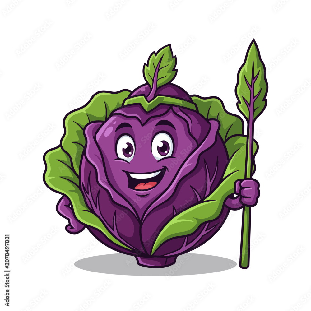 Obraz premium This charming illustration features a happy purple cabbage character, complete with a playful expression and holding a leafy spear, embodying creativity and fun.