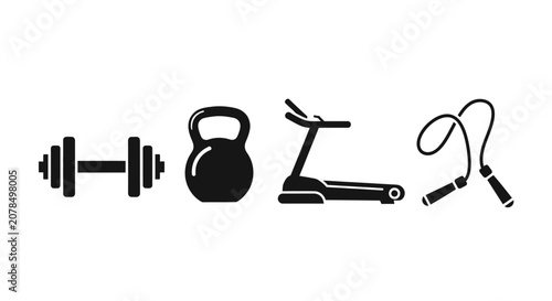 Tableau sur toile Silhouette of fitness equipment including dumbbell kettlebell treadmill and jump