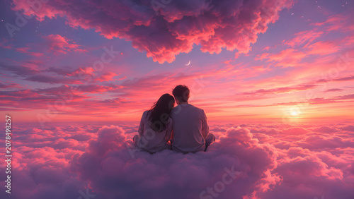 Romantic couple sitting together on fluffy clouds looking at a vibrant pink sunset in the sky