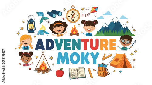 Bild auf Leinwand Adventure Moki Illustration: A vibrant illustration depicting children enjoying outdoor adventures with elements like tents, mountains, and camping gear, celebrating exploration and fun