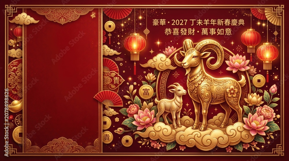 Obraz premium Festive Lunar New Year Celebration with Gold Goat and Lanterns, Symbolizing Prosperity and Good Fortune in Traditional Chinese Style