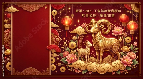 Festive Lunar New Year Celebration with Gold Goat and Lanterns, Symbolizing Prosperity and Good Fortune in Traditional Chinese Style