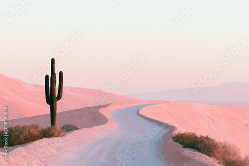 Desert succulent silhouette framing a serpentine trail through pastel dunes during a hazy dawn in minimalist photography for tourism marketing