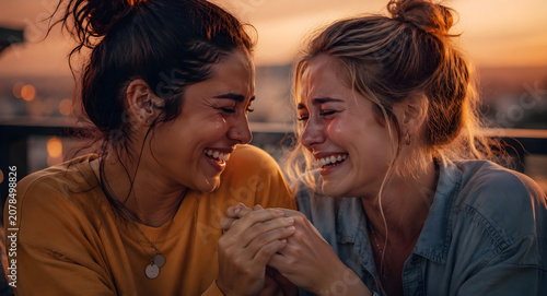 Two Young Women Best Friends Laughing and Crying Together at Sunset