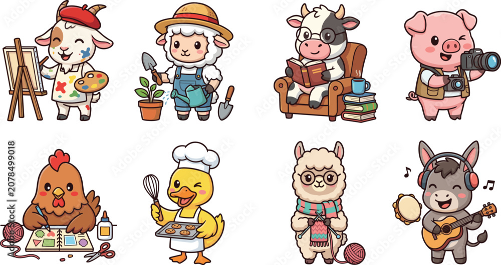 Obraz premium Cute Farm Animal Hobby Cartoon Vector Collection with Creative Profession Character Illustrations