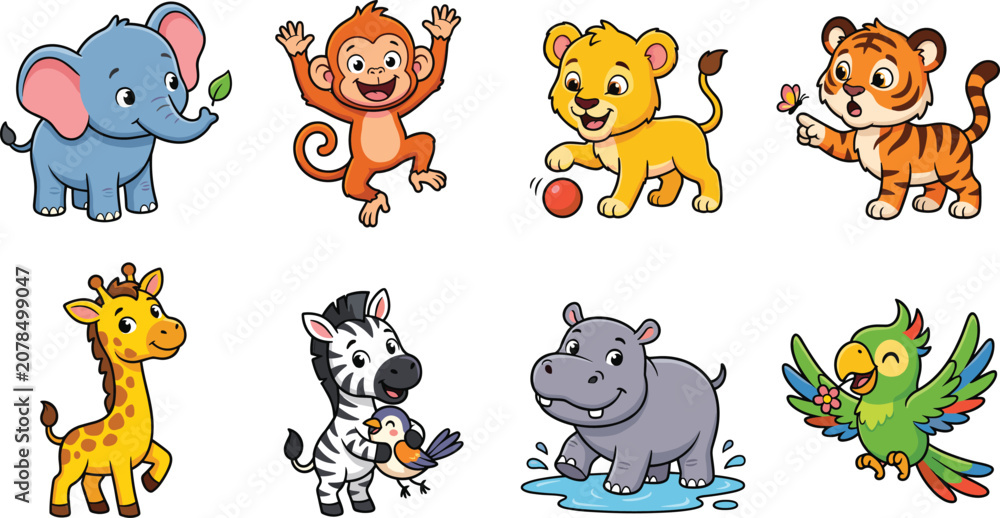 Fototapeta premium Cute Jungle Animal Cartoon Vector Collection with Safari Wildlife Character Illustrations