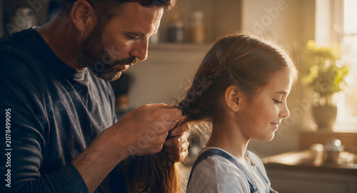 Loving Father Braiding His Young Daughter's Hair in the Morning