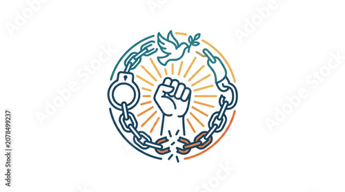 Foto Symbol of freedom and peace with a raised fist breaking chains.