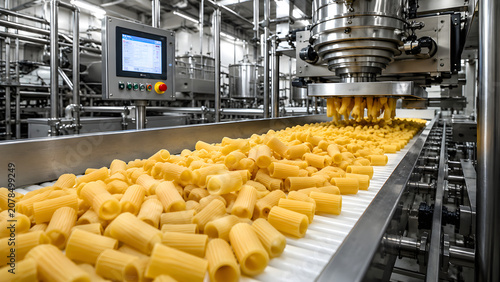 Industrial food production line manufacturing fresh pasta on a conveyor belt in a factory