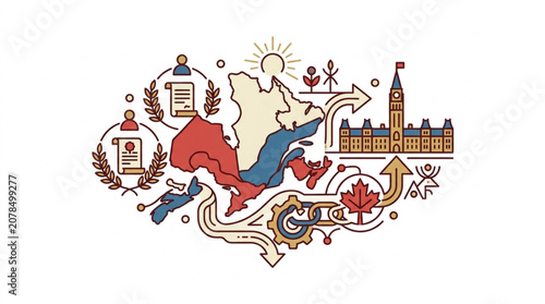 Photos Canadian Immigration and Travel Concept with Map and Landmarks.