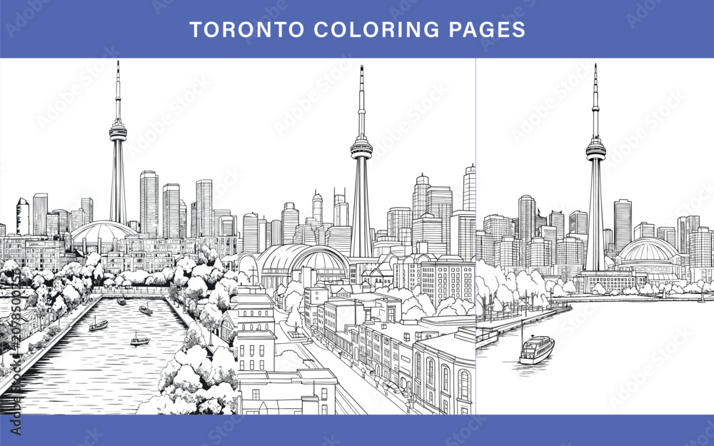 Obraz premium Toronto black and white coloring pages collection. Canada urban city skyline with tower, skyscrapers, buildings, landmarks outlines for colouring book. Vector sketch arts