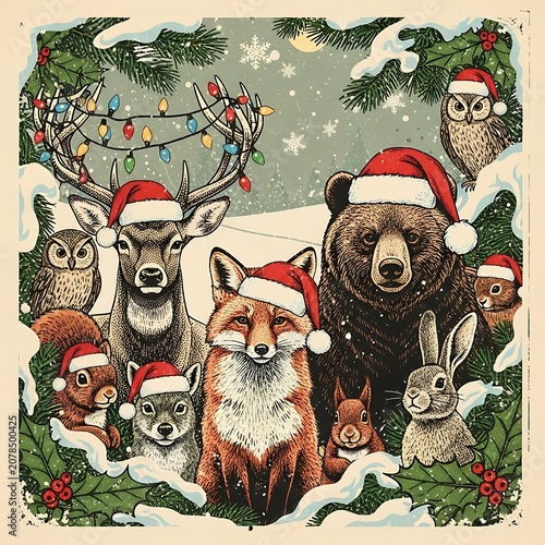 Festive Christmas Animals Illustration with Santa Hats and Holiday Decorations.