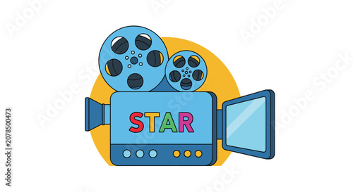 Vintage movie camera illustration with film reels and the word STAR written in colorful block letters on the side.