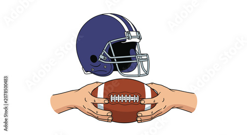 Human hands securely holding a brown american football below a dark blue sports helmet with two white stripes.