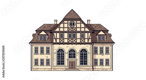Classic European manor house illustration with multiple windows and a large gabled roof on a plain background.