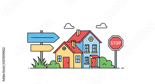 Colorful vector illustration of a two-story residential house next to a blue signpost and a red stop sign.