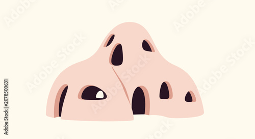 Primitive mud or clay building structure with multiple rounded forms and several small dark window openings.