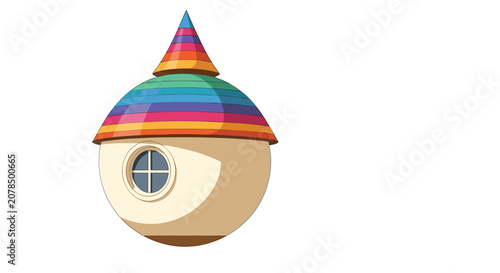 Whimsical spherical house with a vibrant rainbow striped cone roof and a single round window on its facade.