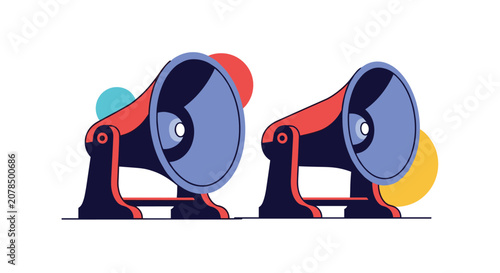 Pair of vintage megaphone speakers in red and blue colors arranged on a white background with decorative dots.