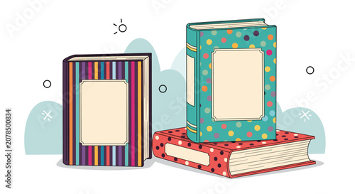 Stack of three colorful decorative books with various patterns like stripes and polka dots for library education or home decor.
