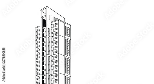 Simple black and white architectural line drawing of a modern high-rise building or skyscraper for construction design projects.