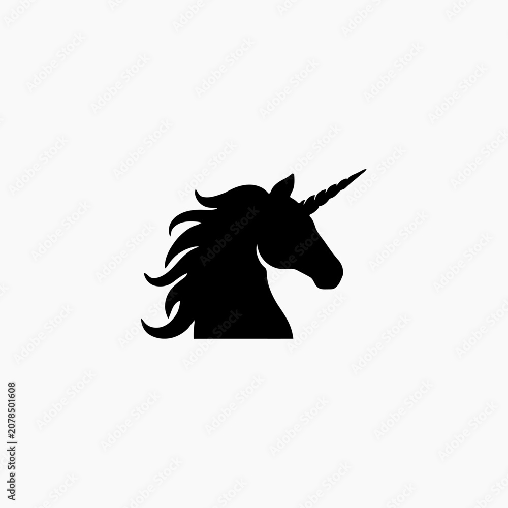 Fototapeta premium Minimalist black silhouette of a majestic unicorn with flowing mane and twisted horn on a light gray background emphasizing fantasy