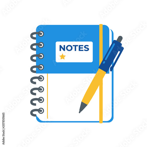 Colorful notebook with pen on top.