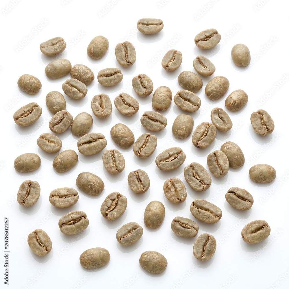 Obraz premium Scattered raw green unroasted Arabica coffee beans isolated on white background.