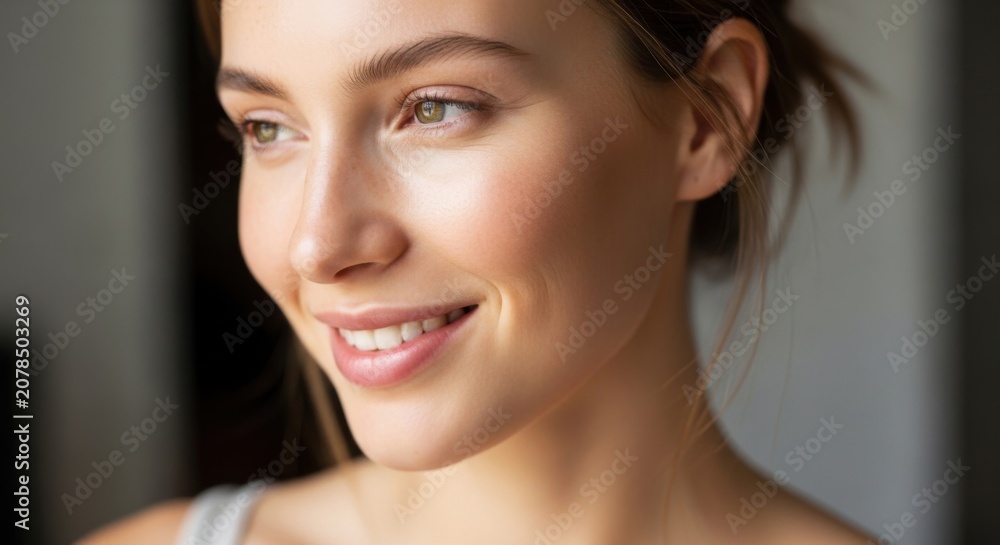 Naklejka premium Close-up Portrait of Beautiful Young Woman with Radiant Glowing Skin and Natural Smile for Beauty and Skincare Concept