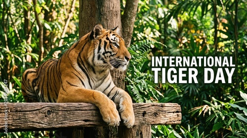 International Tiger Day design displaying a majestic tiger resting on a rustic wooden platform in the woods