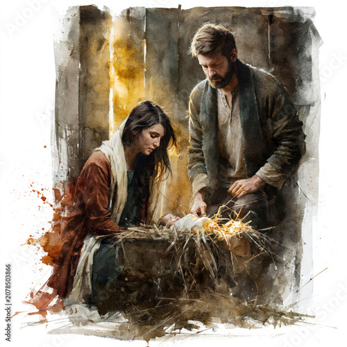 Holy Family Nativity Watercolor – Generative AI – no real persons