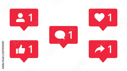 Five vibrant red social media notification icons featuring white symbols