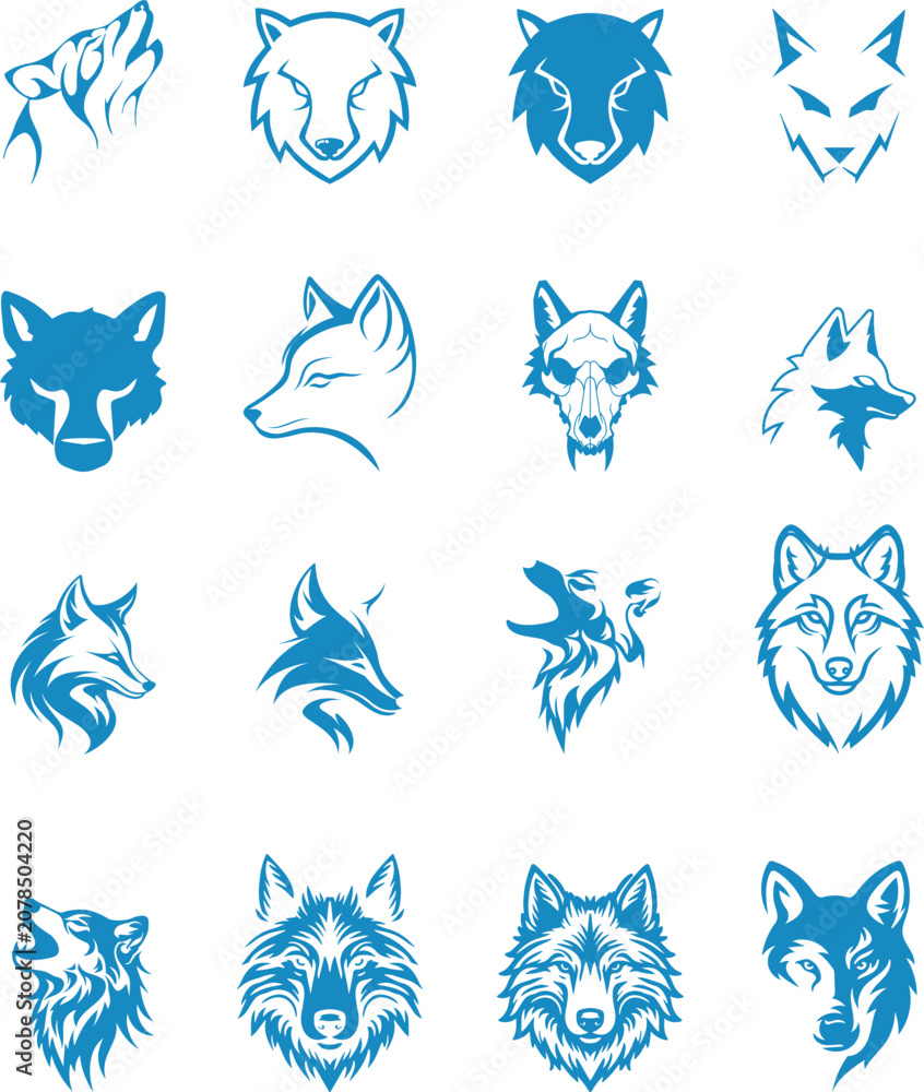 Fototapeta premium Stylized Wolf Head Icon set Wild Animal Face Logo Predator Mascot Tribal Emblem Fierce Canine Wildlife Symbol Minimal Silhouette Graphic Design Isolated Illustration Artwork with transparent backgroun
