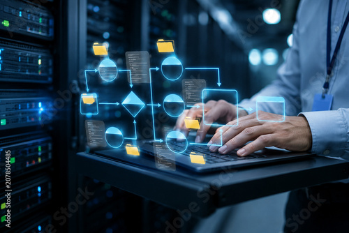 Tapety artystyczne AI generated cloud computing workflow modern data center secure server infrastructure enterprise automation scalable networking reliable storage digital technology