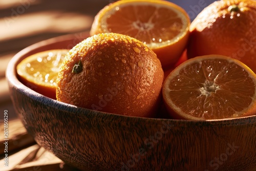 Fresh orange slices and whole fruit in a wooden bowl under warm sunlight in macro photography for food branding and culinary marketing