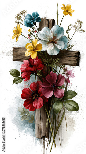 Rustic Floral Wooden Cross AI Generative