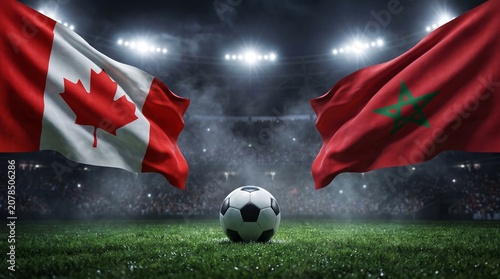 Canada and Morocco Football Match Concept with Flags and Soccer Ball in Stadium