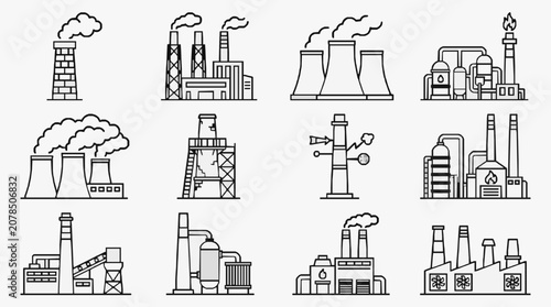 Clean Black and White Line Drawing Icons of Various Industrial Factories and Power Plants with high quality professional line art symbols for modern creative design and digital branding projects