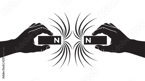 Fotografia Hands Holding Magnets With Repelling Force Black Silhouette
