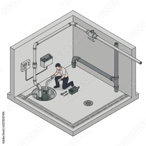 Plumber working on a sump pump system in a concrete basement with pipes and control panel.