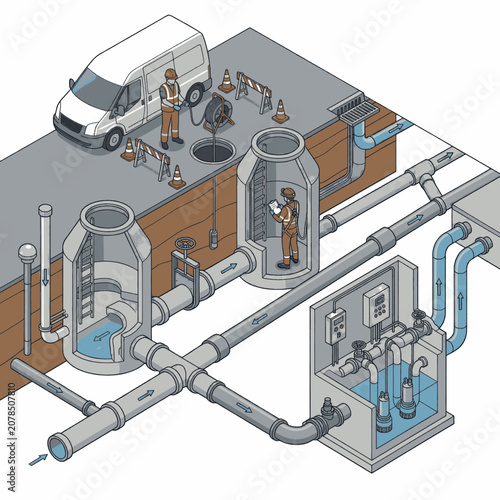 Illustration of a modern sewage system with workers inspecting the infrastructure and a van on the street above.